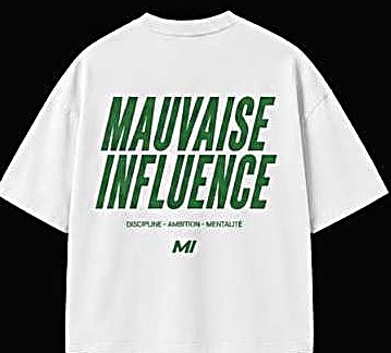 Tee Mauvaise Influence, blanc, écriture verte, dos