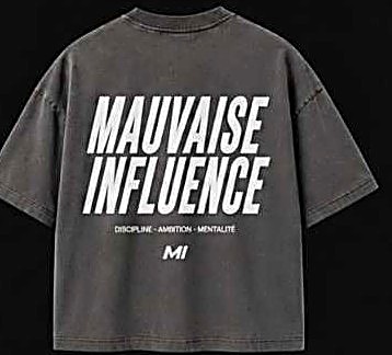 Tee Mauvaise Influence, gris, écriture blanche, dos