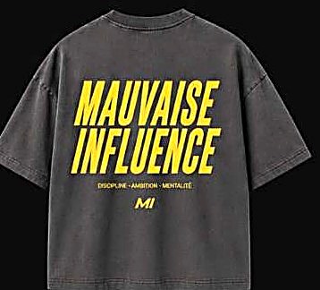 Tee Mauvaise Influence, gris, écriture jaune, dos