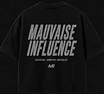Tee Mauvaise Influence, noir, écriture grise, dos