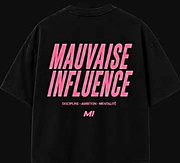 Tee Mauvaise Influence, noir, écriture rose, dos
